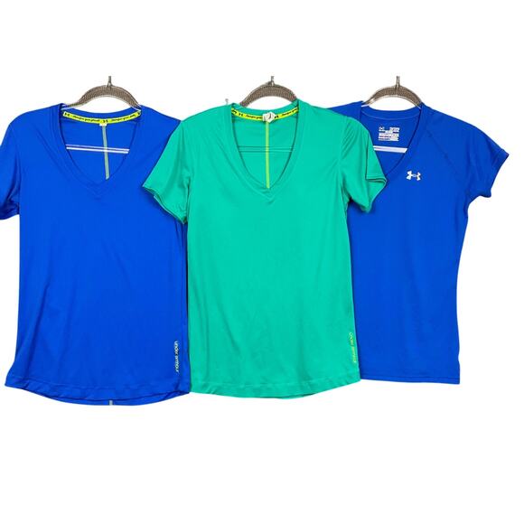 UNDER ARMOUR Women Heat Gear Shirt Tee 3 pc LOT Sm Blue Green Workout Athleisure - Picture 1 of 10